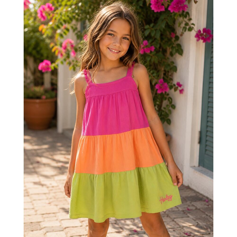 Hurley Y2K Sunset Sundress Girls Medium Tropical Tiered Beachcore Crinkle Dress